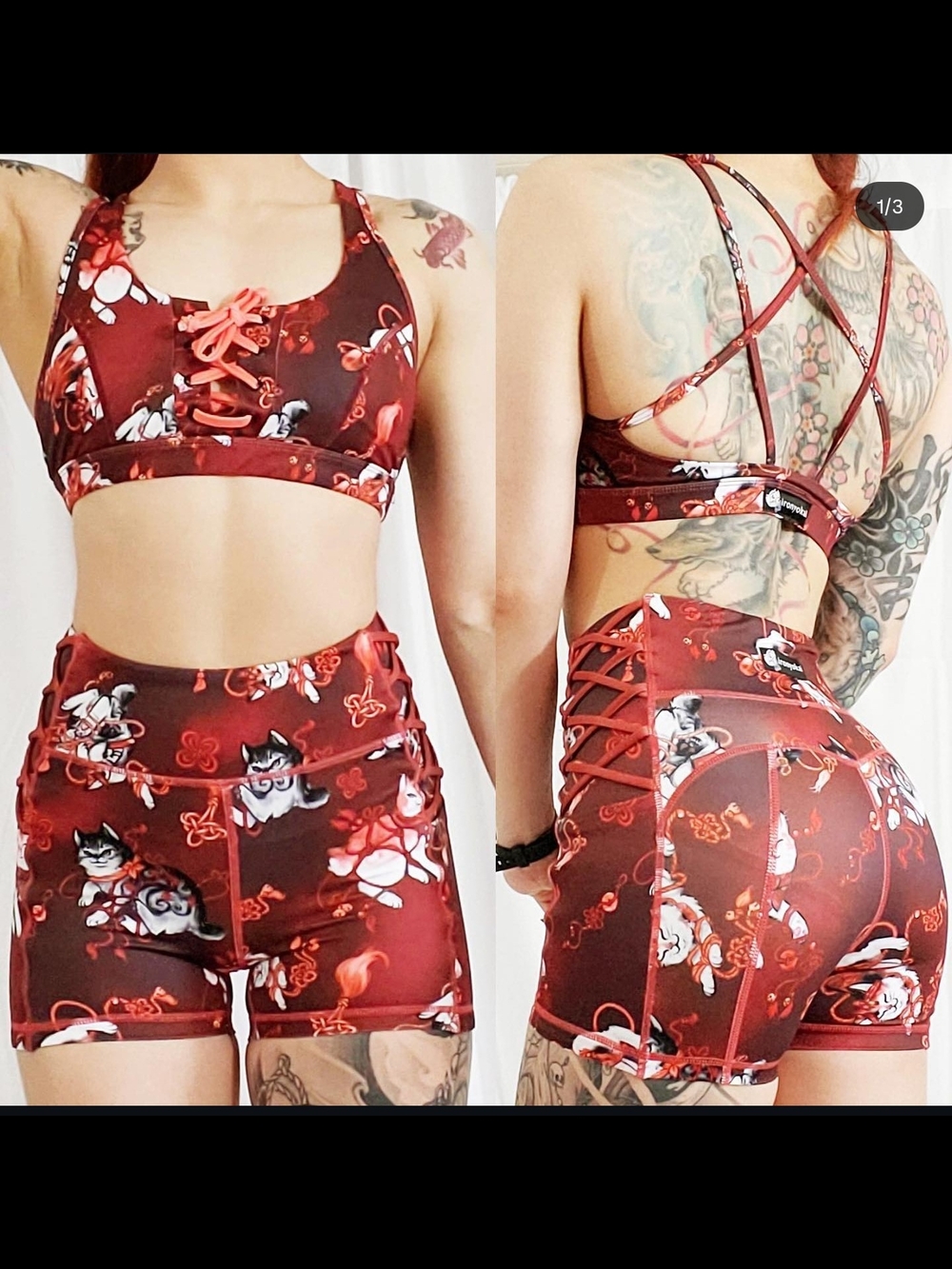 Iron Yokai Japanese Red Red Bobtail Kitten Lace-Up Sports Bra & Shorts Set